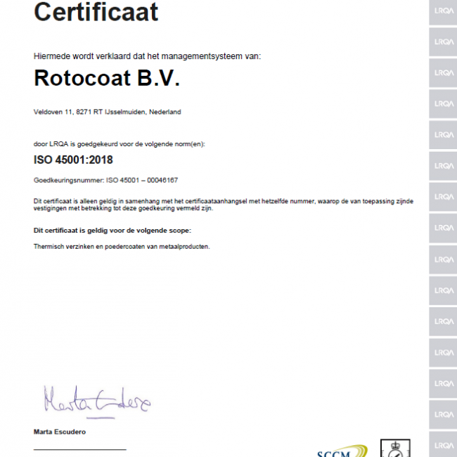 Rotocoat behaalt ISO 45001 certificaat